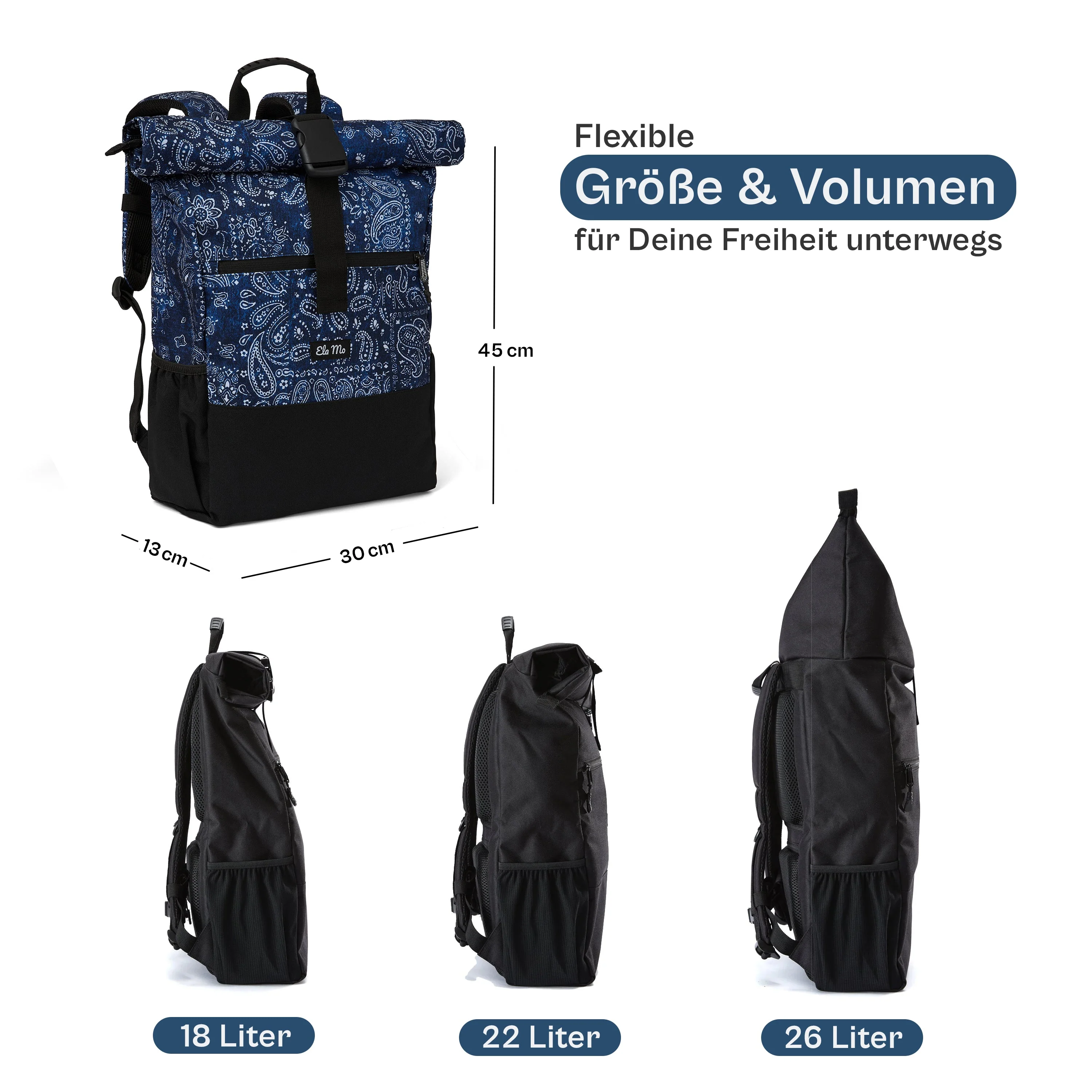 Ela Mo™ Rolltop Rucksack | Denim Paisley - Image 3